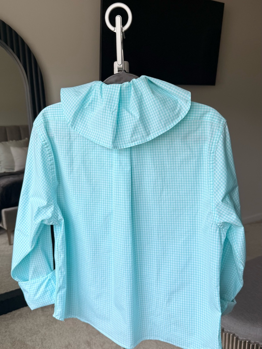 Reloved Upcycled Ruffle Collar Button Down Shirt Vineyard Vines Aqua Gingham - Picture 5 of 11